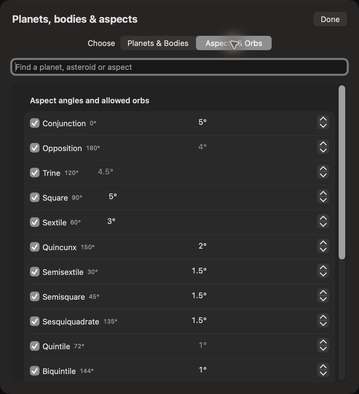 The installed Mac app's custom major and minor aspect-orb controls