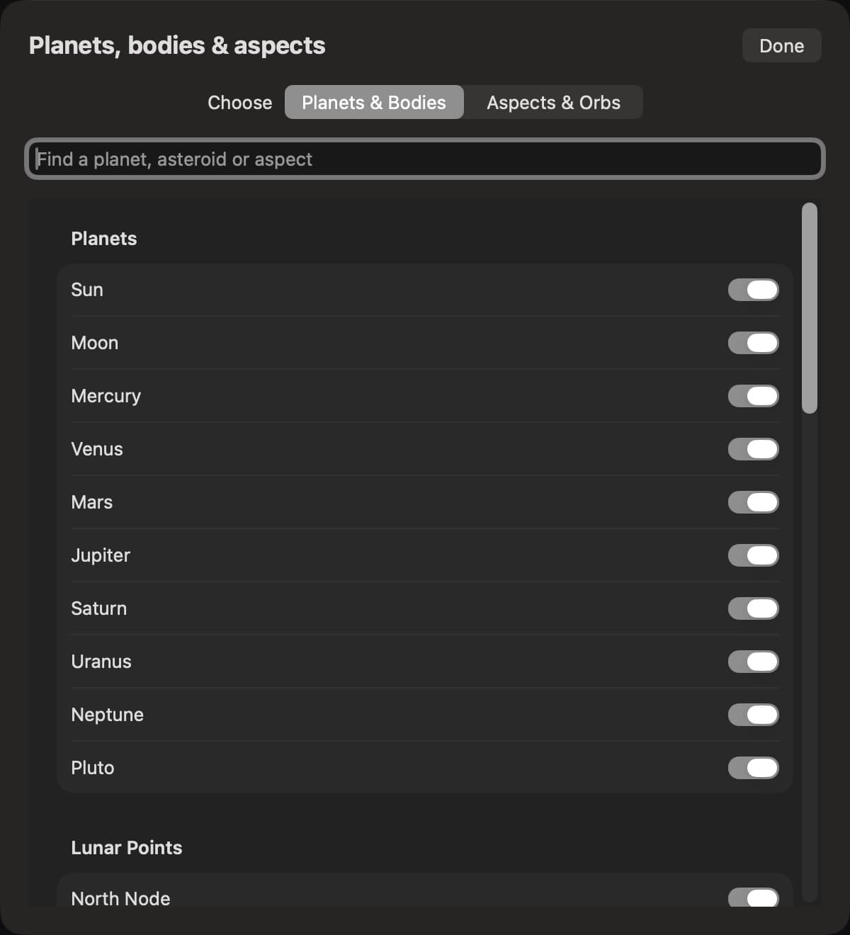The installed Mac app's searchable planets and bodies panel