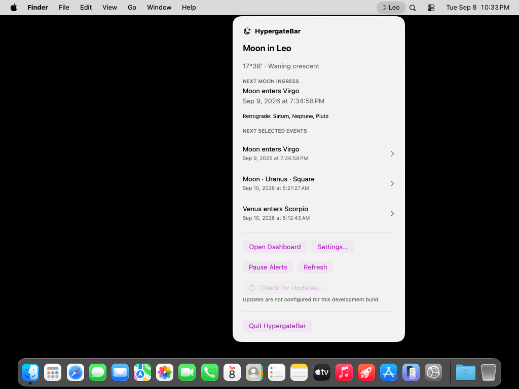 HypergateBar open from the Mac menu bar, showing the Moon in Leo, the next Moon ingress, retrograde planets, and upcoming planetary events.
